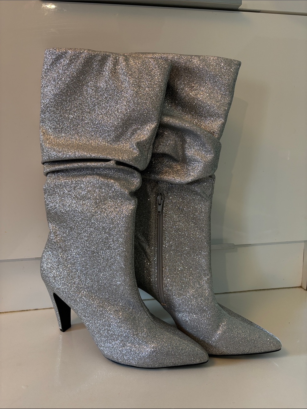 Expressions Silver Glitter Slouchy Mid-Heel Boots